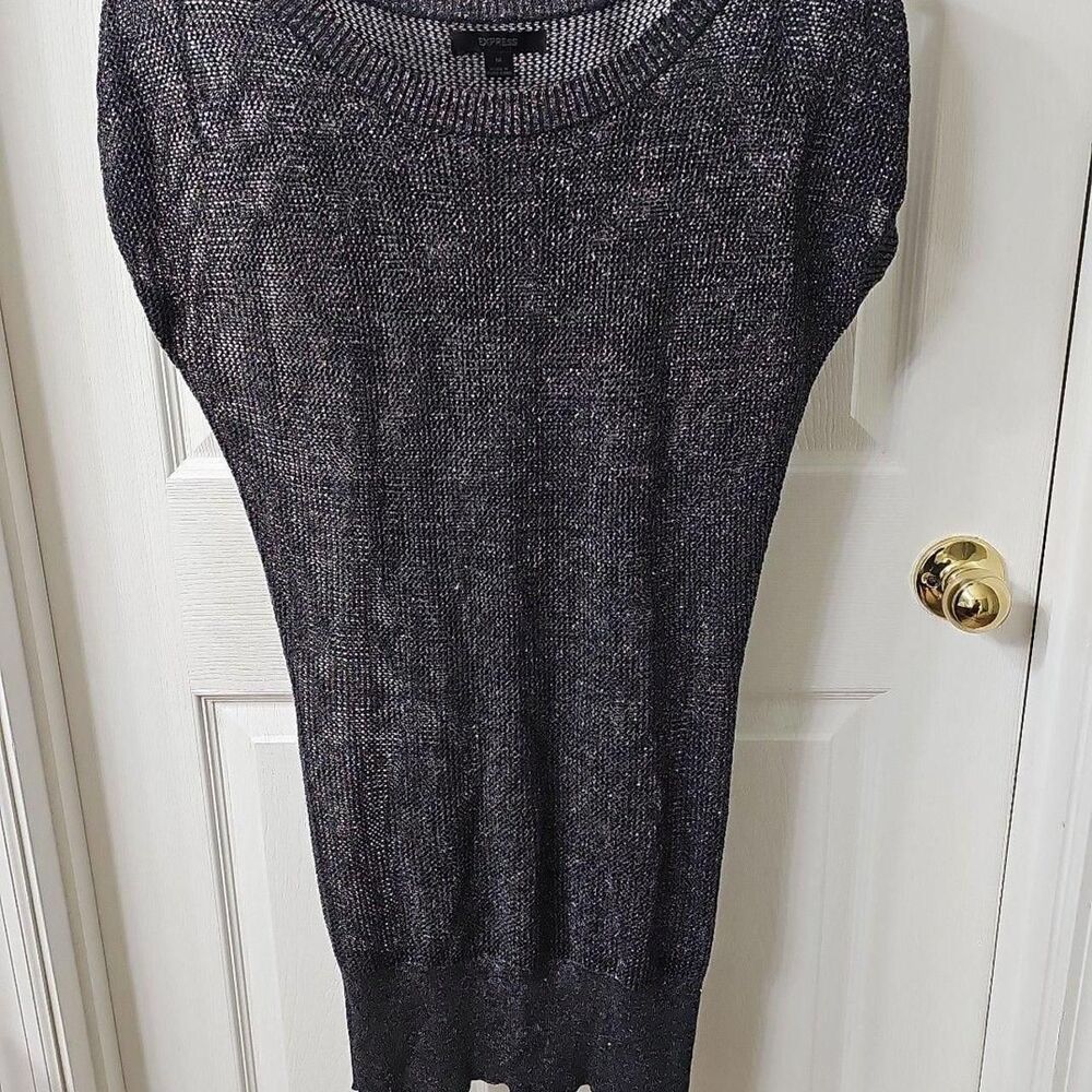 Express Metallic Silver Open Knit Cap Sleeve Tunic Sweater Dress Medium